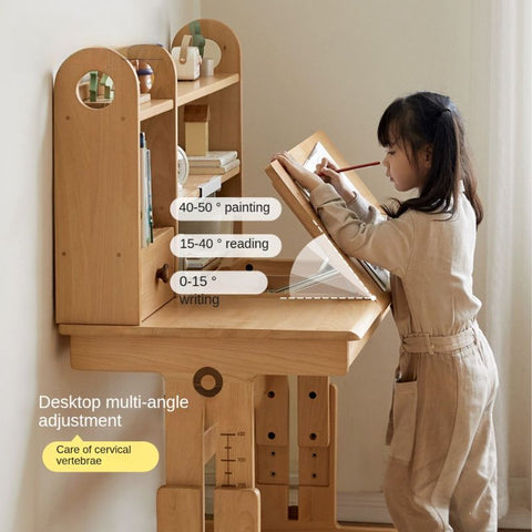 Beech Solid Wood Adjustable Study Table for Children Cookie Color Kids Writing Desk with Storage & Wheels