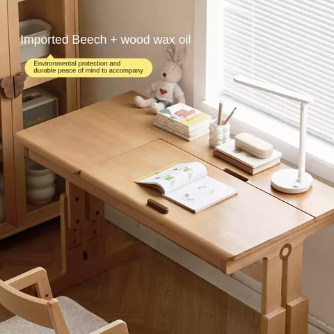 Beech Solid Wood Adjustable Study Table for Children Cookie Color Kids Writing Desk with Storage & Wheels