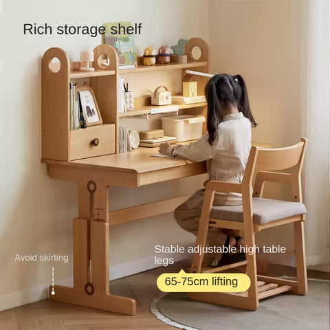 Beech Solid Wood Adjustable Study Table for Children Cookie Color Kids Writing Desk with Storage & Wheels