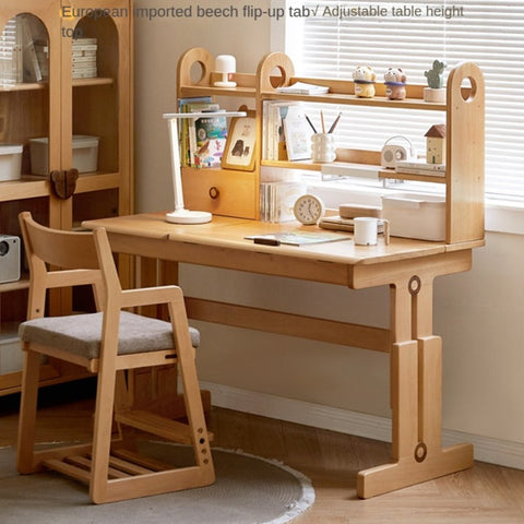 Beech Solid Wood Adjustable Study Table for Children Cookie Color Kids Writing Desk with Storage & Wheels