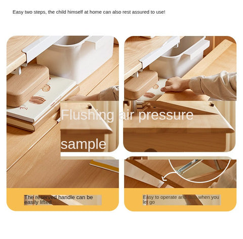 Beech Solid Wood Adjustable Study Table for Children Cookie Color Kids Writing Desk with Storage & Wheels