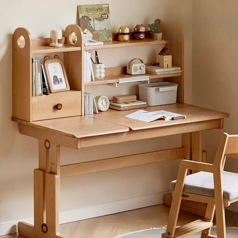 Beech Solid Wood Adjustable Study Table for Children Cookie Color Kids Writing Desk with Storage & Wheels