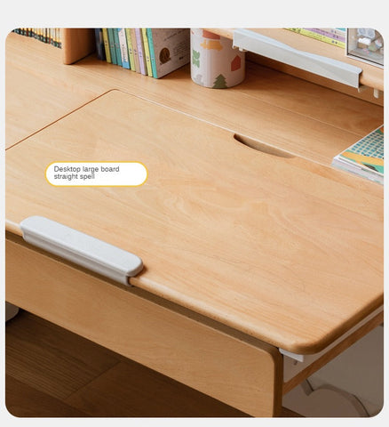 Beech Solid Wood Adjustable Height Children Study Desk Natural Finish Ergonomic Table with Storage and Chair Set