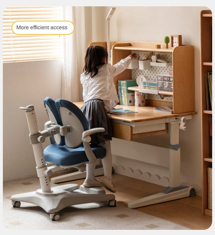 Beech Solid Wood Adjustable Height Children Study Desk Natural Finish Ergonomic Table with Storage and Chair Set