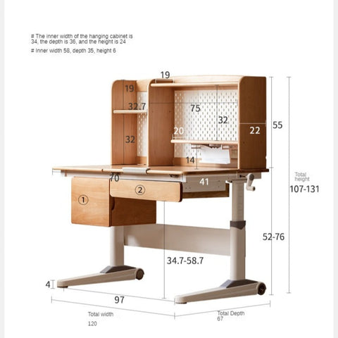Beech Solid Wood Adjustable Height Children Study Desk Natural Finish Ergonomic Table with Storage and Chair Set