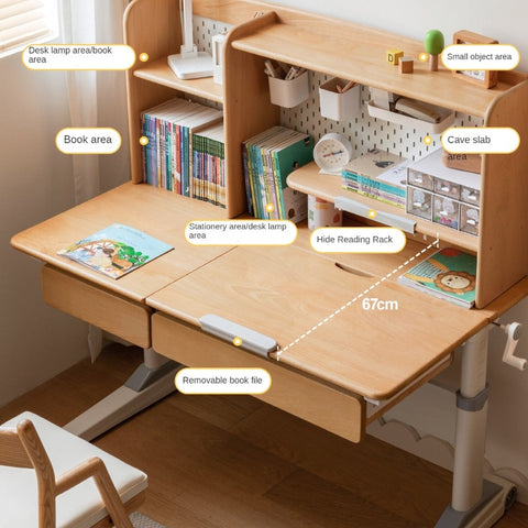Beech Solid Wood Adjustable Height Children Study Desk Natural Finish Ergonomic Table with Storage and Chair Set