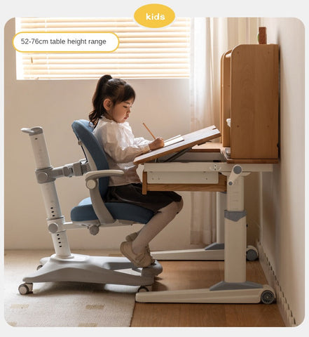 Beech Solid Wood Adjustable Height Children Study Desk Natural Finish Ergonomic Table with Storage and Chair Set