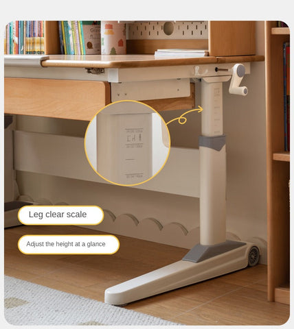 Beech Solid Wood Adjustable Height Children Study Desk Natural Finish Ergonomic Table with Storage and Chair Set