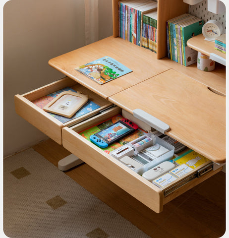 Beech Solid Wood Adjustable Height Children Study Desk Natural Finish Ergonomic Table with Storage and Chair Set