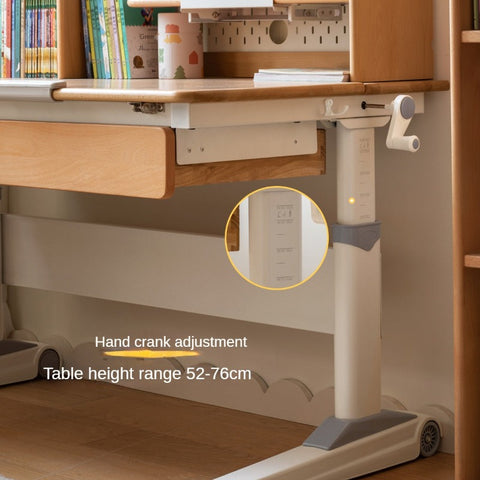 Beech Solid Wood Adjustable Height Children Study Desk Natural Finish Ergonomic Table with Storage and Chair Set