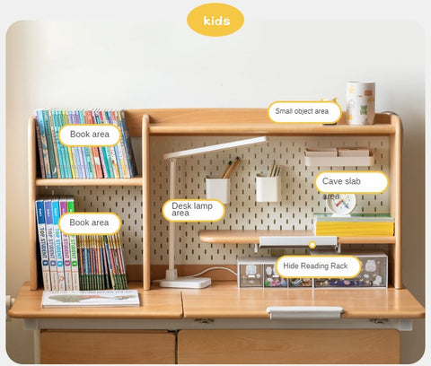 Beech Solid Wood Adjustable Height Children Study Desk Natural Finish Ergonomic Table with Storage and Chair Set