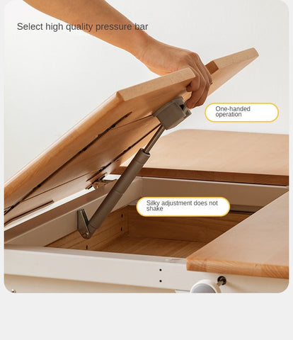 Beech Solid Wood Adjustable Height Children Study Desk Natural Finish Ergonomic Table with Storage and Chair Set