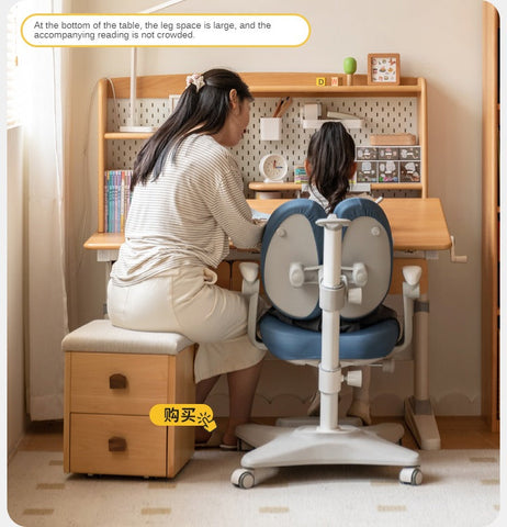 Beech Solid Wood Adjustable Height Children Study Desk Natural Finish Ergonomic Table with Storage and Chair Set