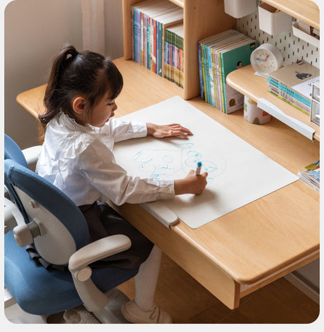 Beech Solid Wood Adjustable Height Children Study Desk Natural Finish Ergonomic Table with Storage and Chair Set