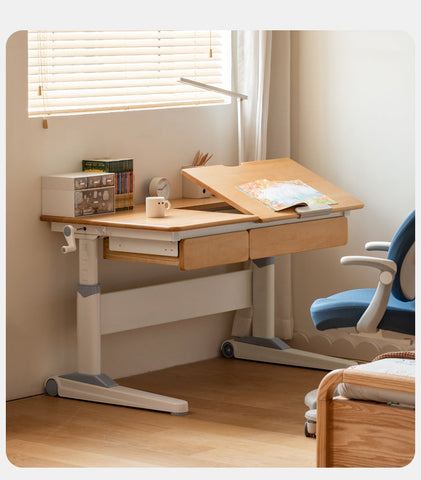 Beech Solid Wood Adjustable Height Children Study Desk Natural Finish Ergonomic Table with Storage and Chair Set
