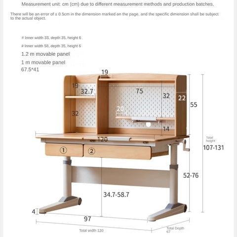 Beech Solid Wood Adjustable Height Children Study Desk Natural Finish Ergonomic Table with Storage and Chair Set