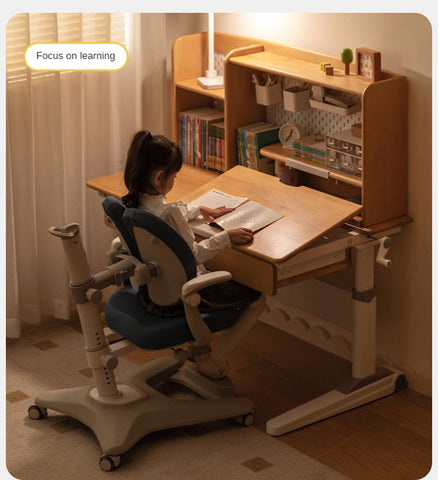 Beech Solid Wood Adjustable Height Children Study Desk Natural Finish Ergonomic Table with Storage and Chair Set