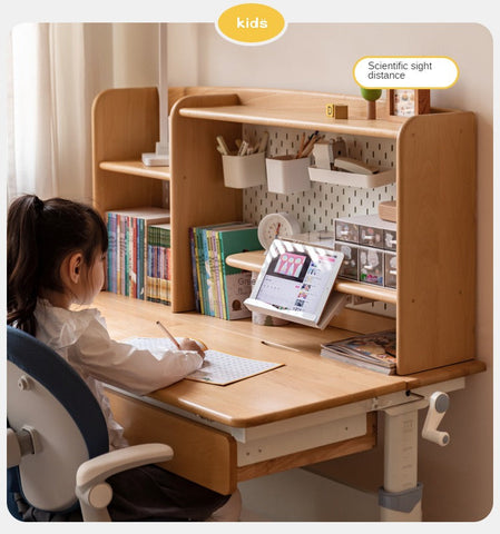 Beech Solid Wood Adjustable Height Children Study Desk Natural Finish Ergonomic Table with Storage and Chair Set