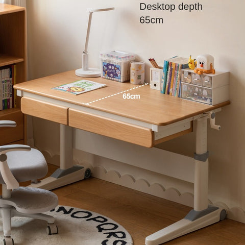 Beech Solid Wood Adjustable Height Children Study Desk Natural Finish Ergonomic Table with Storage and Chair Set