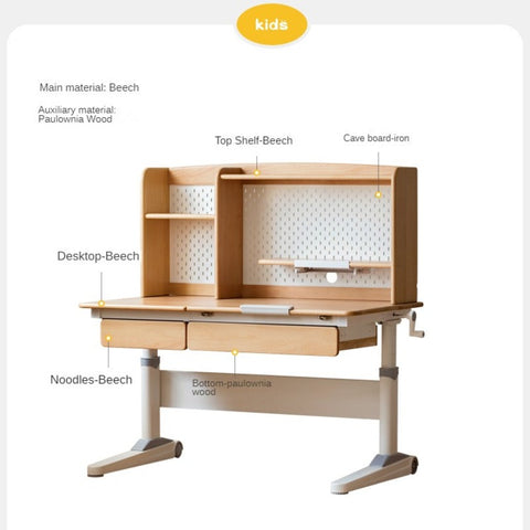 Beech Solid Wood Adjustable Height Children Study Desk Natural Finish Ergonomic Table with Storage and Chair Set