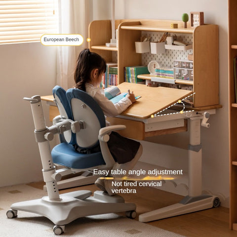 Beech Solid Wood Adjustable Height Children Study Desk Natural Finish Ergonomic Table with Storage and Chair Set