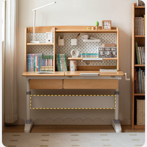 Beech Solid Wood Adjustable Height Children Study Desk Natural Finish Ergonomic Table with Storage and Chair Set