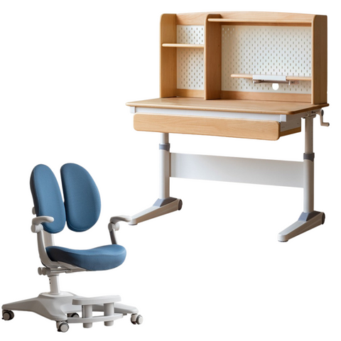 Beech Solid Wood Adjustable Height Children Study Desk Natural Finish Ergonomic Table with Storage and Chair Set