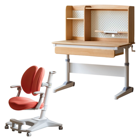 Beech Solid Wood Adjustable Height Children Study Desk Natural Finish Ergonomic Table with Storage and Chair Set