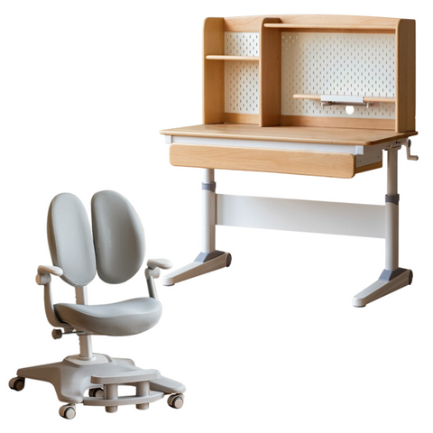 Beech Solid Wood Adjustable Height Children Study Desk Natural Finish Ergonomic Table with Storage and Chair Set