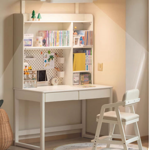 Poplar Solid Wood Cream Bookshelf Desk with Integrated Lighting & Storage for Kids Study