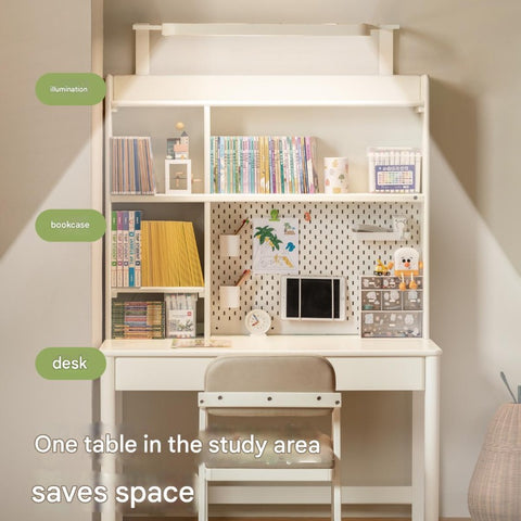 Poplar Solid Wood Cream Bookshelf Desk with Integrated Lighting & Storage for Kids Study
