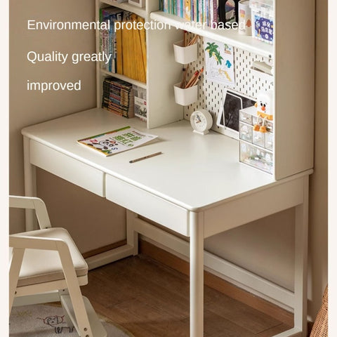 Poplar Solid Wood Cream Bookshelf Desk with Integrated Lighting & Storage for Kids Study
