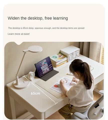 Poplar Solid Wood Cream Bookshelf Desk with Integrated Lighting & Storage for Kids Study