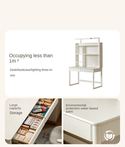 Poplar Solid Wood Cream Bookshelf Desk with Integrated Lighting & Storage for Kids Study