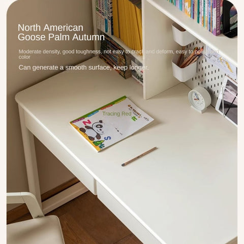 Poplar Solid Wood Cream Bookshelf Desk with Integrated Lighting & Storage for Kids Study