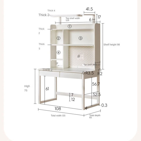 Poplar Solid Wood Cream Bookshelf Desk with Integrated Lighting & Storage for Kids Study