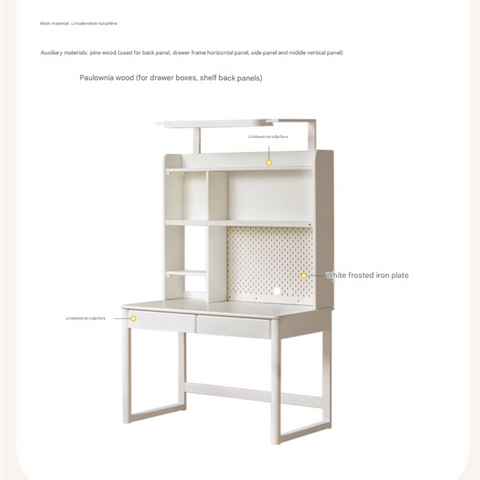 Poplar Solid Wood Cream Bookshelf Desk with Integrated Lighting & Storage for Kids Study
