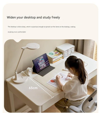 Poplar Solid Wood Cream Bookshelf Desk with Integrated Lighting & Storage for Kids Study