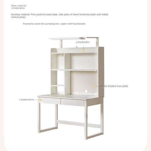 Poplar Solid Wood Cream Bookshelf Desk with Integrated Lighting & Storage for Kids Study