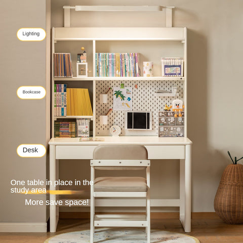 Poplar Solid Wood Cream Bookshelf Desk with Integrated Lighting & Storage for Kids Study