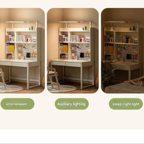 Poplar Solid Wood Cream Bookshelf Desk with Integrated Lighting & Storage for Kids Study