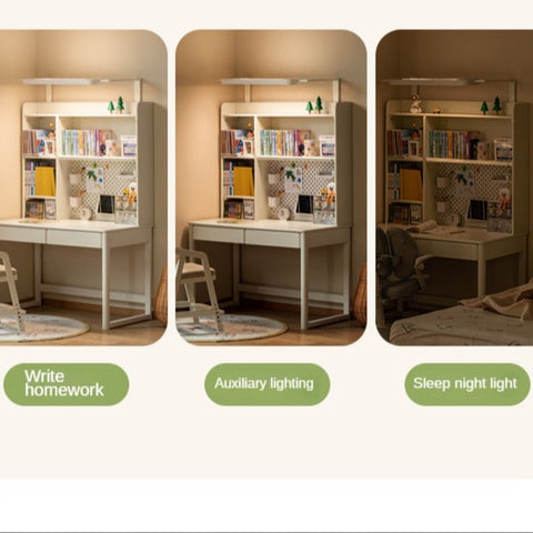 Poplar Solid Wood Cream Bookshelf Desk with Integrated Lighting & Storage for Kids Study