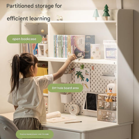 Poplar Solid Wood Cream Bookshelf Desk with Integrated Lighting & Storage for Kids Study