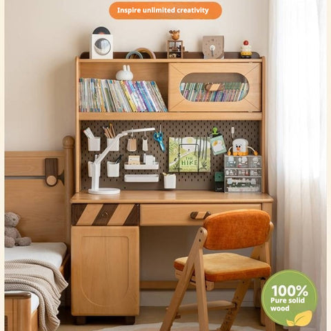 Beech Solid Wood Childrens Study Table Natural Finish with Bookcase & Storage for Kids Room or Learning Space