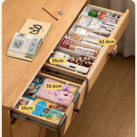 Beech Solid Wood Childrens Study Table Natural Finish with Bookcase & Storage for Kids Room or Learning Space