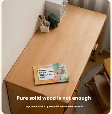 Beech Solid Wood Childrens Study Table Natural Finish with Bookcase & Storage for Kids Room or Learning Space