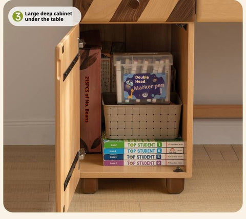 Beech Solid Wood Childrens Study Table Natural Finish with Bookcase & Storage for Kids Room or Learning Space