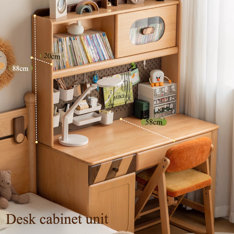 Beech Solid Wood Childrens Study Table Natural Finish with Bookcase & Storage for Kids Room or Learning Space