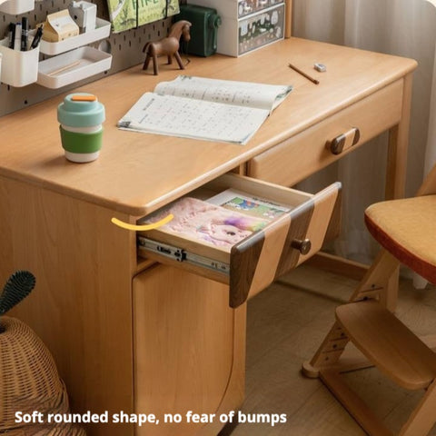 Beech Solid Wood Childrens Study Table Natural Finish with Bookcase & Storage for Kids Room or Learning Space