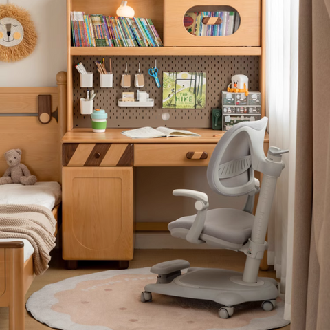Beech Solid Wood Childrens Study Table Natural Finish with Bookcase & Storage for Kids Room or Learning Space